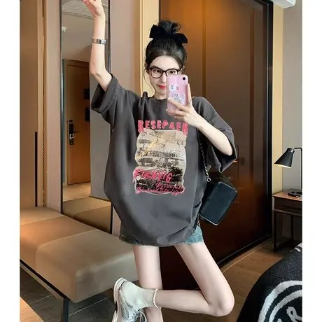 大码胖mm短袖t恤女新款夏季美式复古oversize洋气时髦上衣2-300斤商品大图