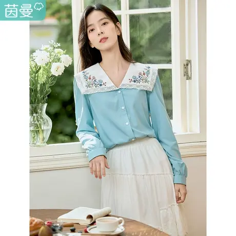 茵曼2023春女装新款时尚文艺刺绣撞色花边翻领宽松舒适衬衫衬衣图片