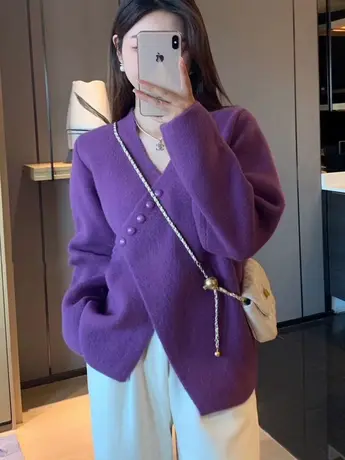 小香风开叉毛衣侧边排扣开衫女秋冬新款慵懒百搭针织上衣外穿开衫商品大图