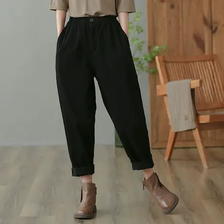 dza 高腰显瘦纯色全棉长裤女春秋宽松阔腿裤休闲哈伦裤百搭直筒裤商品大图