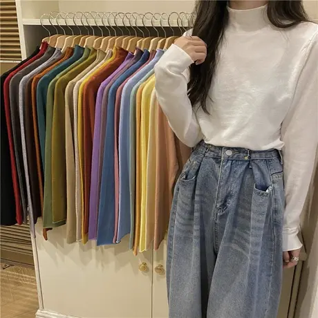 2023年早秋新款春秋冬半高领打底衫内搭纯色长袖t恤女装潮ins上衣商品大图