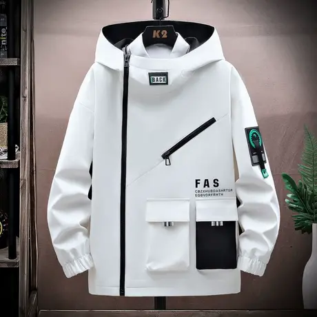 工装外套男春秋季潮流美式侧拉链上衣服连帽夹克青少年机能冲锋衣商品大图