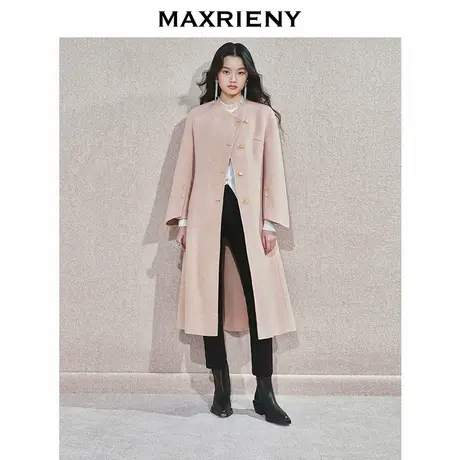 MAXRIENY精致肌理感羊毛大衣24冬新款收腰显瘦纽扣系带外套中长款图片