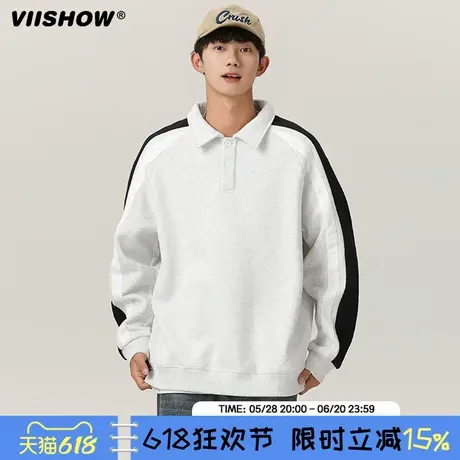 VIISHOW美式正肩polo衫卫衣潮牌拼色长袖t恤男生翻领重磅打底衫男图片
