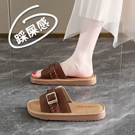 踩屎感时尚真皮一字拖鞋女夏季外穿配裙子沙滩凉拖鞋2025新款妈妈商品大图