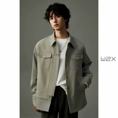 w2x春秋季假两件拼接夹克男设计感高级痞帅休闲上衣日系工装外套商品大图
