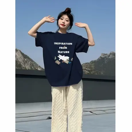 藏蓝色短袖t恤女夏季2025新款纯棉百搭半袖宽松韩版慵懒风上衣潮商品大图