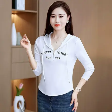 拉夏贝尔长袖半拉链连帽t恤女秋2025新爆款修身显瘦短款白色上衣商品大图