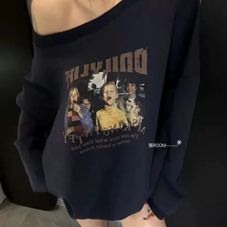 十三行美式复古露肩卫衣女中长款2025秋季韩版宽松显瘦百搭上衣女商品大图