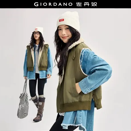 佐丹奴外套女装仿羊羔绒里翻领侧开叉梭织马甲外套 18374619图片
