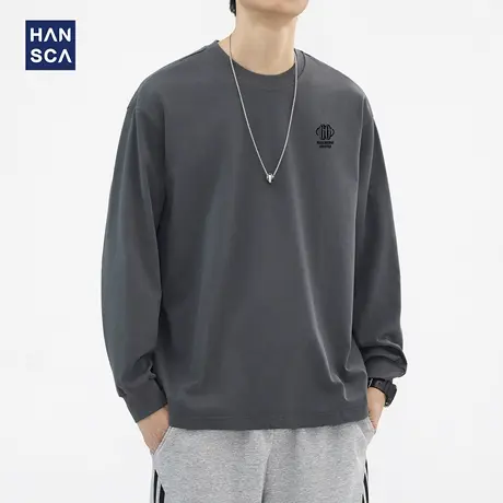 hansca 305g重磅圆领长袖t恤男秋季新款潮流印花宽松纯棉百搭上衣商品大图