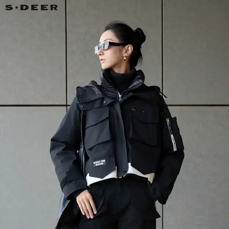 sdeer圣迪奥冬季女装高领连帽字母两件套宽松羽绒服S24483111商品大图