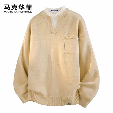 马克华菲假两件套头毛衣男士秋季宽松线衣潮牌翻领休闲打底针织衫图片