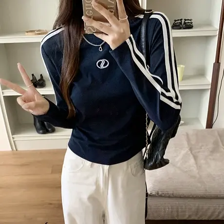 SOINKU美式两条杠修身圆领长袖t恤女2025新款早秋休闲运动上衣服商品大图
