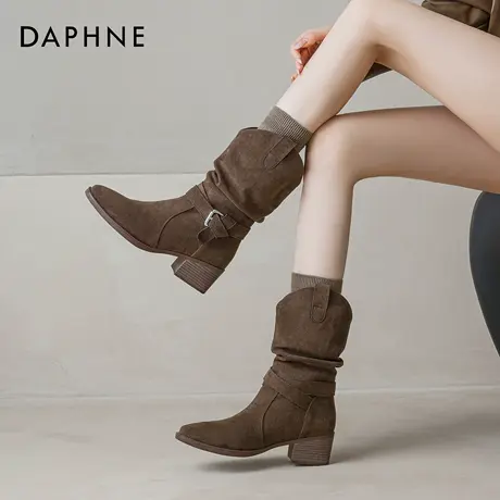 达芙妮西部牛仔靴女款2025新款秋冬高跟短靴美拉德棕色靴子堆堆靴商品大图
