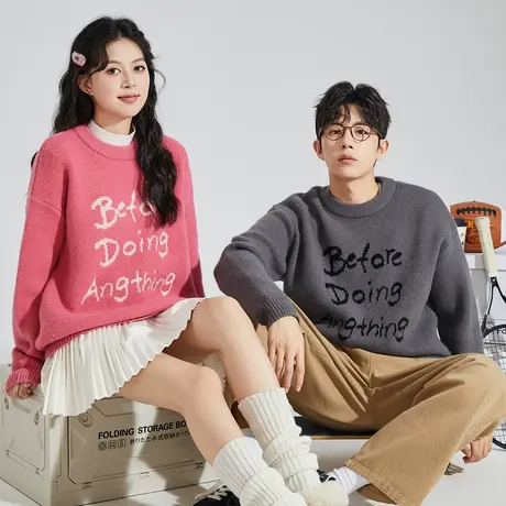 唐狮春秋季新款情侣毛衣休闲设计感小众圆领新年毛线衫潮流TE图片