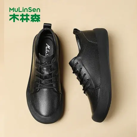木林森头层牛皮男鞋春季新款百搭休闲皮鞋男士黑色软底防滑真皮鞋商品大图