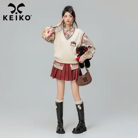 KEIKO 学院风V领针织马甲背心2023秋冬新日系慵懒风外搭毛衣马夹商品大图