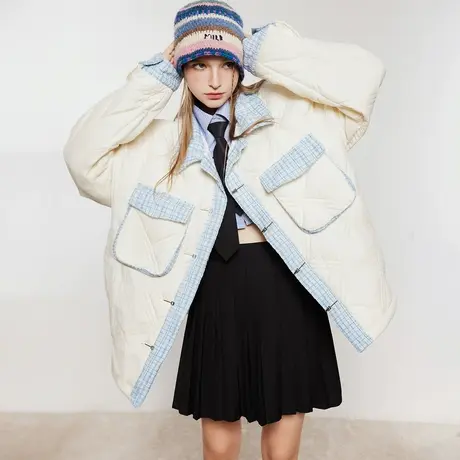 小香风拼接棉服女加厚冬季外套2023年新款复古设计感小众菱格棉衣商品大图