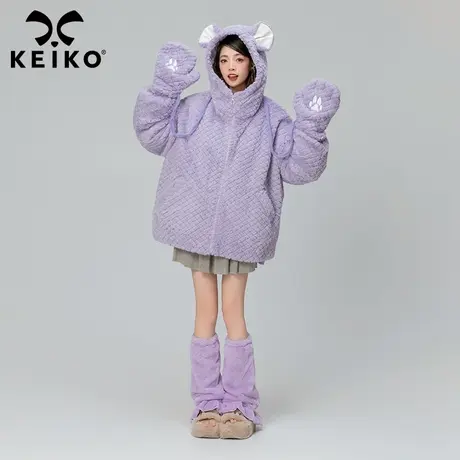 【赠手套】KEIKO 仿兔绒毛毛外套女夹棉加厚冬季卡通刺绣棉服棉袄商品大图