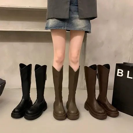 小个子V口长筒靴子女2023新款秋季不过膝复古长靴厚底高筒骑士靴商品大图