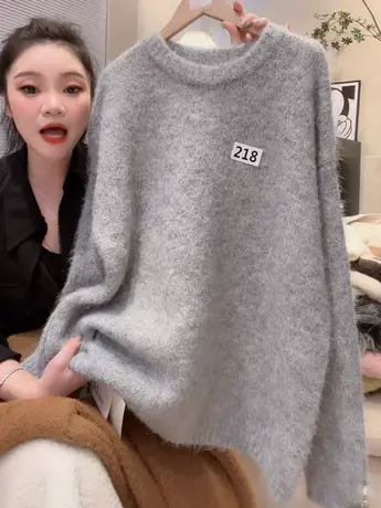2023秋冬新款女圆领宽松韩版字母高级氛围感慵懒风针织百搭毛衣洋商品大图