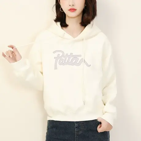 新品8.5折】百搭字母连帽加绒卫衣女白色套头宽松上衣厚图片