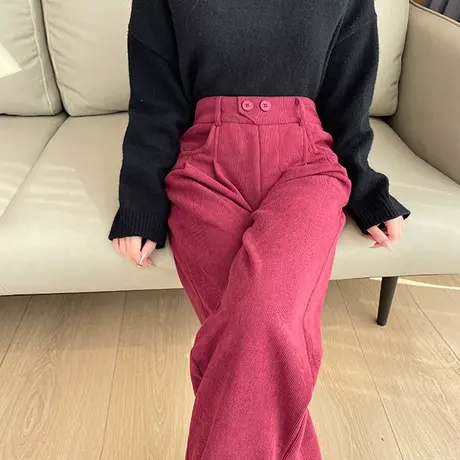 雪尼尔窄版阔腿裤女2023秋冬新款高腰显瘦加绒加厚休闲直筒西装裤商品大图