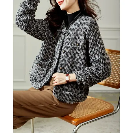 宝诗黎小香风亮丝格子短外套2023秋季新款肌理感流苏上衣时尚夹克商品大图