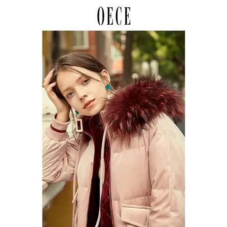 Oece冬装新款女装 大毛领丝绒羽绒服女中长款过膝加厚外套冬商品大图