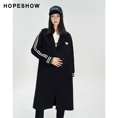 红袖outlets一粒扣翻领双面呢大衣hopeshow2023冬休闲运动风外套商品大图