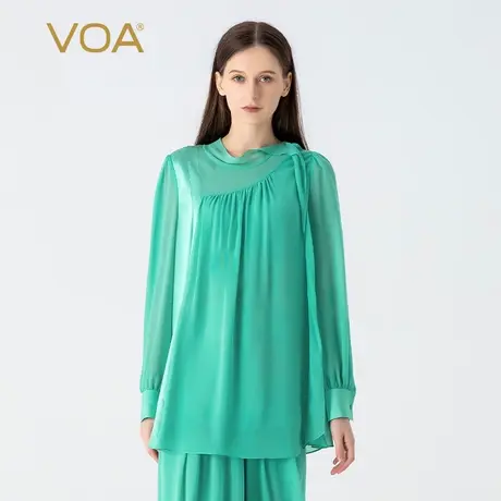 VOA桑蚕丝乔其纱水蓝半高领衬衫袖拼接弹力缎不对称双层真丝T恤女图片
