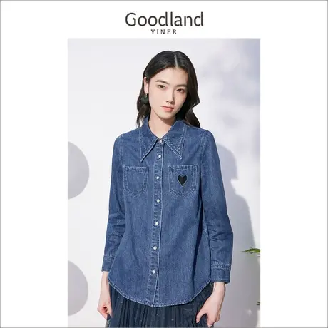 *Goodland美地女装秋季宽松上衣polo领长袖牛仔衬衫商品大图