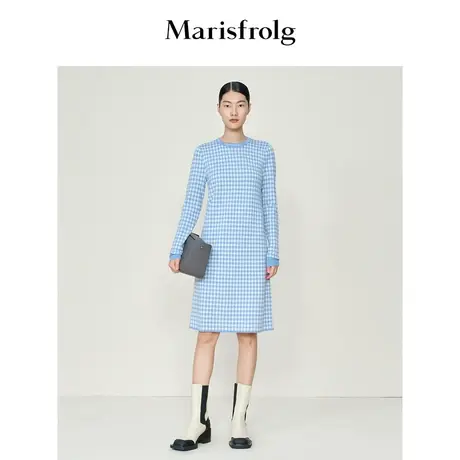 【羊毛针织连衣裙】玛丝菲尔秋冬新款蓝格纹活力减龄绵羊毛连衣裙图片