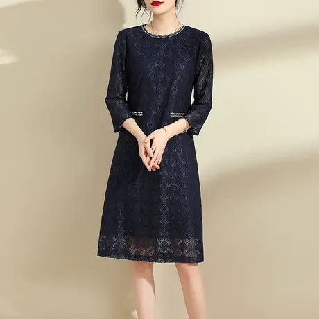 水墨青华春季新品百搭打底裙子时尚中长款网纱蕾丝连衣裙女商品大图