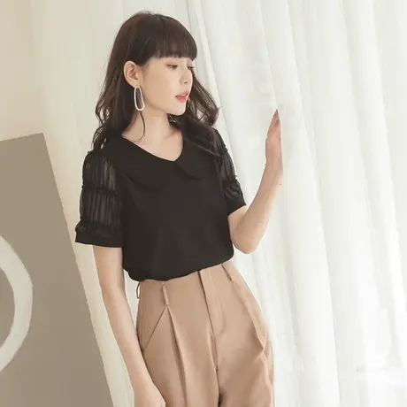 桔熊夏通勤气质雪纺衫女纯色网纱拼接娃娃领短袖上衣大码AB12774图片