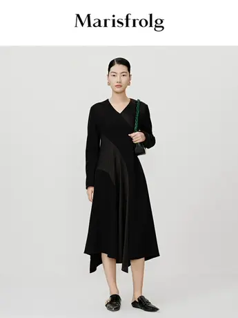 【言选好物】玛丝菲尔冬季新款黑色美利奴羊毛拼接针织连衣裙图片