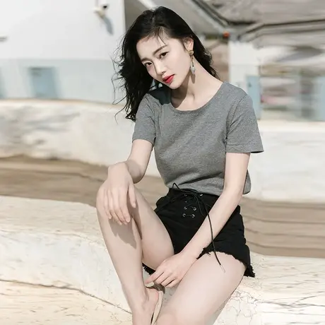 西子美丽心情春夏新款女装韩版圆领宽松灰色短袖T恤百搭打底上衣图片