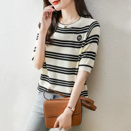 宽松女士套头T恤2023年夏季新款韩版女装薄款圆领条纹内搭针织衫商品大图