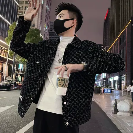 高级感花色满印毛呢工装外套男秋冬新款个性痞帅印花短款呢子夹克图片