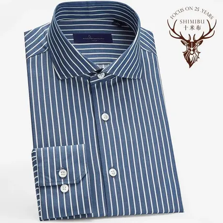 十米布春季蓝色羊毛条纹长袖衬衫男商务温莎领休闲易打理修身衬衣商品大图
