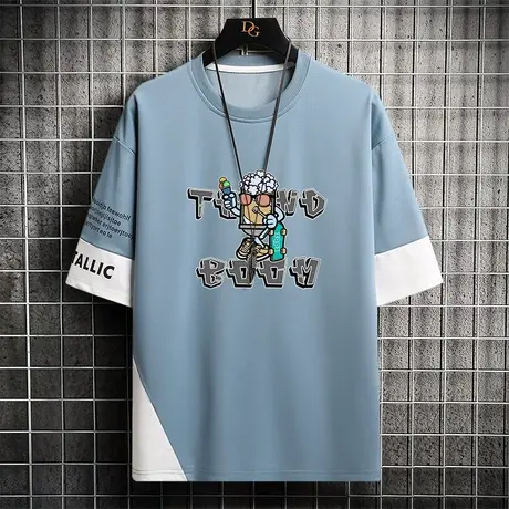 夏装男士短袖T恤薄款上衣韩版半袖中学生男装夏季卡通汗衫潮体恤商品大图