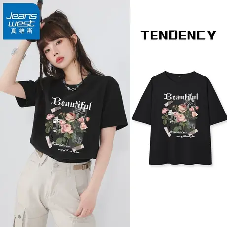 VR真维斯黑色短袖t恤女夏季纯棉小众设计感上衣休闲百搭宽松体恤V商品大图