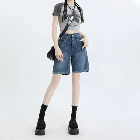 蓝色阔腿牛仔五分裤女2023秋季新款高腰显瘦百搭潮流时尚A字中裤图片