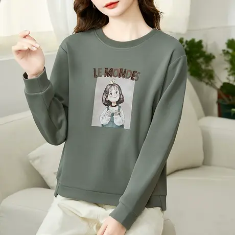 正肩圆领卫衣女春秋2024年新款时尚设计感上衣服洋气百搭棉质外套图片