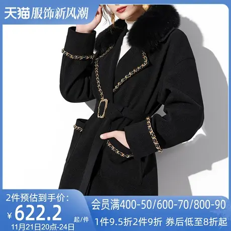 AUI黑色狐狸毛领修身毛呢外套女2023冬新款高端短款收腰呢子大衣图片