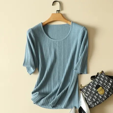 2024年春装新款安迪绒中袖上衣修身针织衫薄款内搭打底衫毛衣女图片