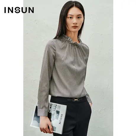 INSUN恩裳线上专选春季木耳边千鸟格桑蚕丝衬衫商品大图