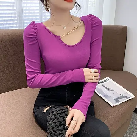 性感辣妹T恤女长袖2024春装新款紧身内搭打底衫洋气镂空链条上衣图片