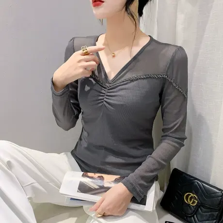 性感V领网纱T恤女长袖时尚洋气内搭打底衫别致手工钉珠上衣秋装潮图片